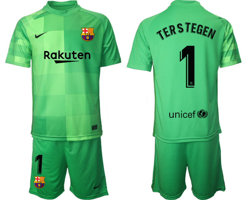 Men 2021-2022 Club Barcelona green goalkeeper #1 Soccer Jersey->barcelona jersey->Soccer Club Jersey